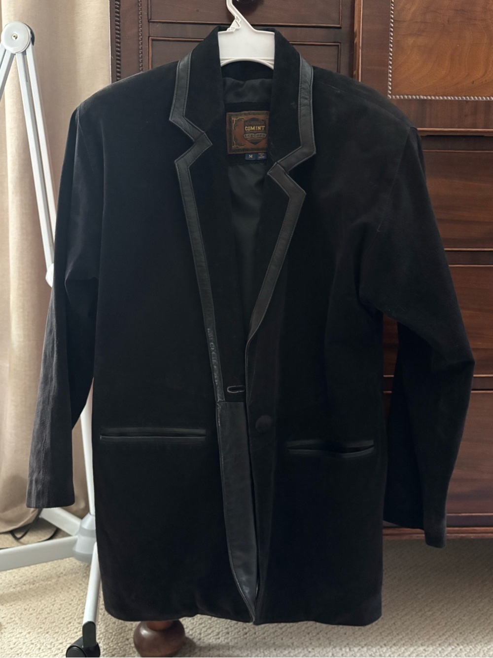 Black Velvet Blazer with Leather Trim